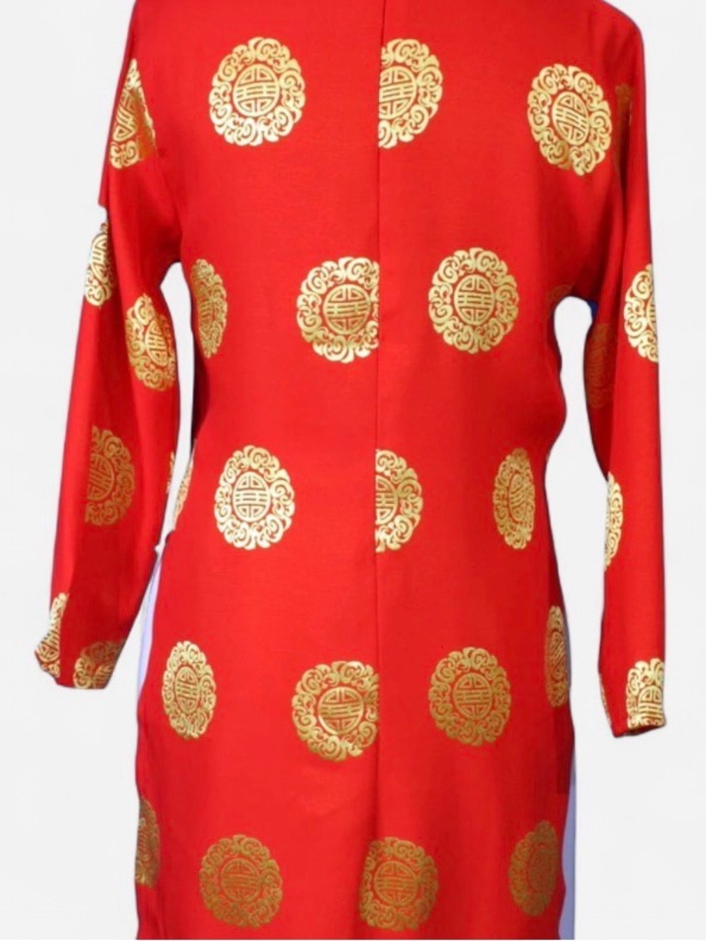 Women’s Vietnamese Red Tunic Dress with Gold Medallion Print